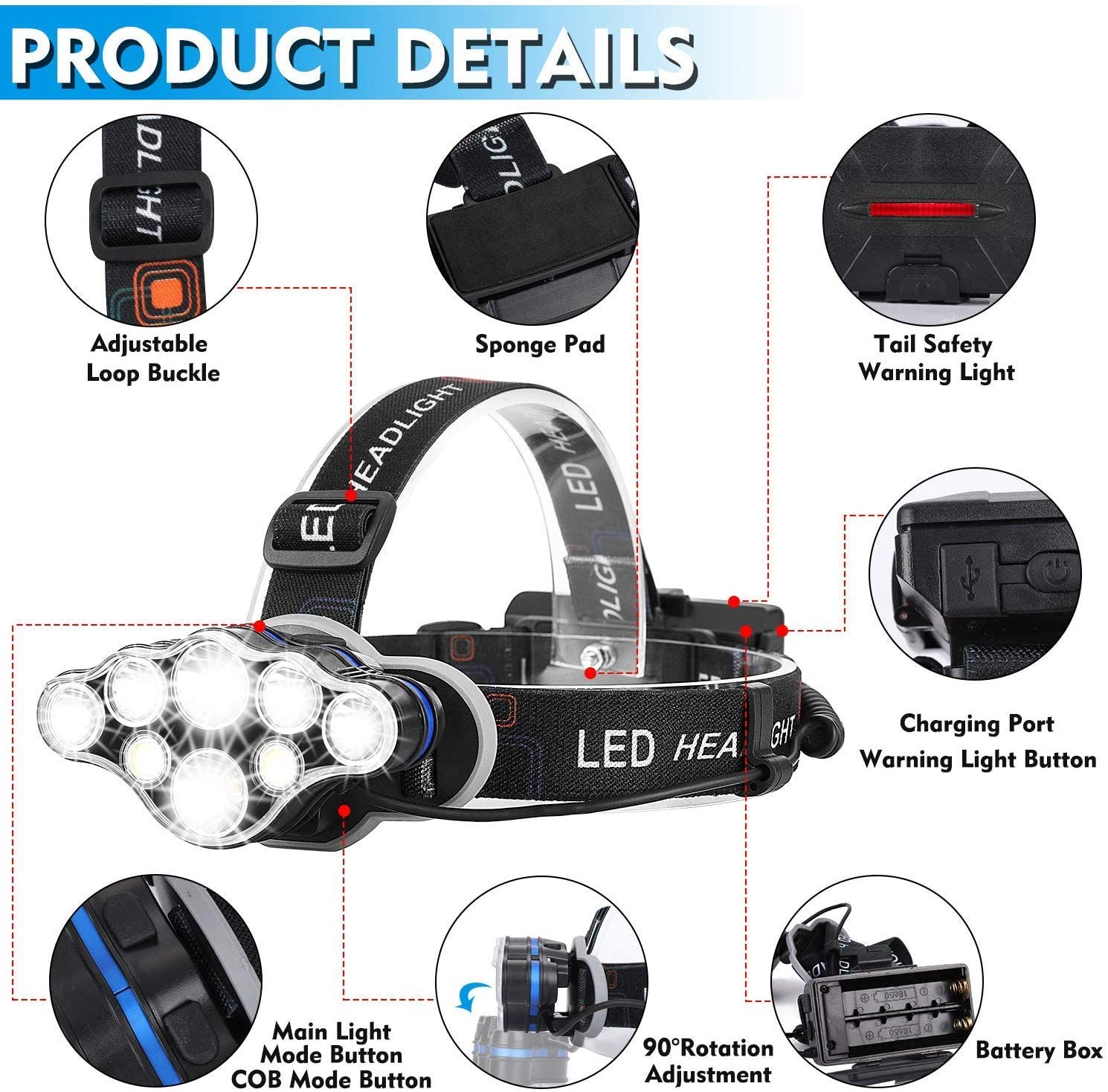 Lampe Frontale,torche Frontale 18000 Lumens 8 Led 8 Modes D